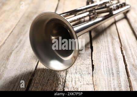 Una tromba su un tavolo di legno, primo piano. Strumento musicale Foto Stock