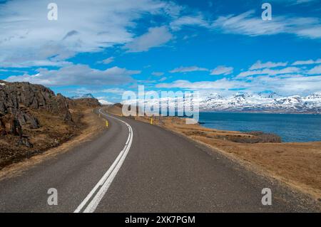 Reydarfjordur e le montagne del Oddsskaro passano nella zona est di fiordi regione orientale di Islanda Foto Stock