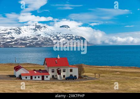 Azienda agricola sulle rive di Reydarfjordur vicino Hafranes in oriente fiordi regione orientale di Islanda Foto Stock