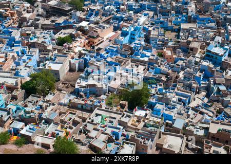 Vista dal Forte Mehrangarh sulla collina sopra Jodhpur, Rajasthan, India Foto Stock