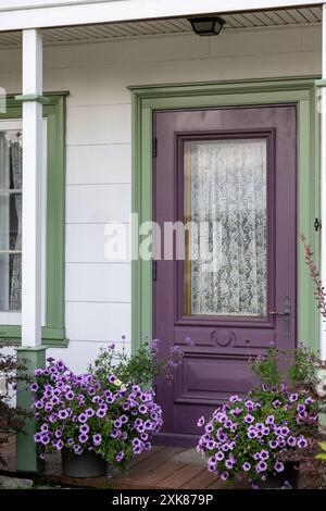 L'ingresso ad una fattoria di campagna con una vibrante porta in legno antico di mezza vetro viola. La casa è bianca con finiture verdi. Ci sono due grandi fiori Foto Stock