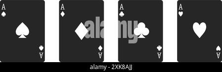 Set di tutte e quattro le carte da gioco di assi, tra cui cuori, diamanti, mazze e picche con la silhouette vettoriale Illustrazione Vettoriale