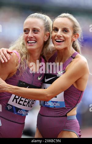 Jemma REEKIE (Gran Bretagna), Georgia BELL (Gran Bretagna) festeggia dopo aver gareggiato nella finale femminile dei 800 m al 2024, IAAF Diamond League, London Stadium, Queen Elizabeth Olympic Park, Stratford, Londra, Regno Unito. Foto Stock