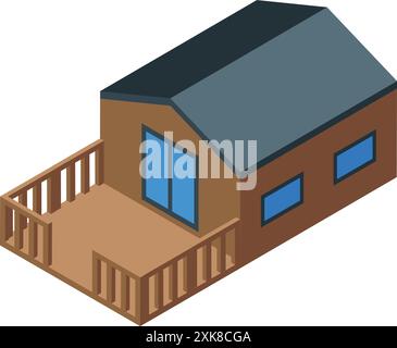 Icona isometrica che rappresenta una moderna casa suburbana in legno con una terrazza in costruzione Illustrazione Vettoriale