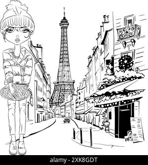 Ragazza vettoriale in via Parigi con caffè e Torre Eiffel sullo sfondo, Parigi, Francia Illustrazione Vettoriale