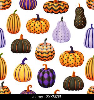 Cartoni animati di Halloween, zucche con motivi natalizi, motivo senza cuciture. Sfondo vettoriale con piante gourde colorate con punti, rombo, strisce Illustrazione Vettoriale