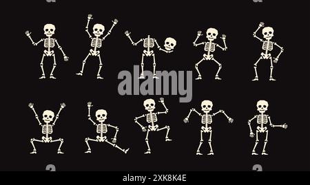Danza dello scheletro. I personaggi dello scheletro di Halloween ballano in una delizia inquietante, con le ossa che suonano a un ritmo inquietante con il loro macabro e spiritoso spavento Illustrazione Vettoriale