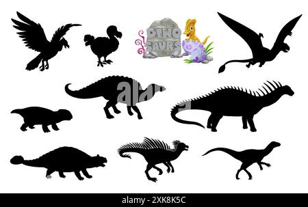 Sagome di dinosauro, set vettoriale di ombre nere isolate di pegomastasse, saichania, lystrosaurus e hypsilophodon. Dimorphodon, anatotitan, dicraeos Illustrazione Vettoriale