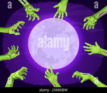 Luna di mezzanotte di Halloween e mani di zombie che si avvicinano dalla tomba al cielo scuro. Vector Halloween Holiday horror night Monster, malvagio uomo morto con S Illustrazione Vettoriale