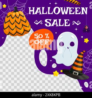Modello banner di vendita Halloween con simpatico fantasma kawaii e zucca colorata. Cornice vuota vettoriale per le vacanze per un'offerta speciale con spavento per i cartoni animati Illustrazione Vettoriale