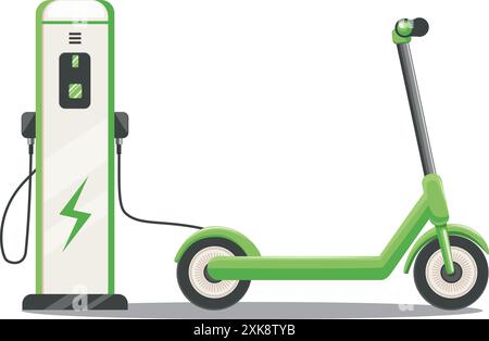Illustrazione del trasporto urbano ecologico. Scooter elettrico caricato dalla stazione di ricarica elettrica. Scooter da calcio di colore verde, energia alternativa, isol Illustrazione Vettoriale