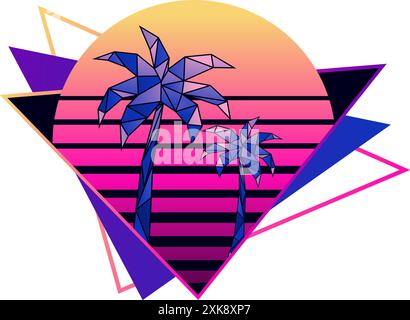 Illustrazione astratta di palme a onde retroattive e sole nel triangolo al neon. Stile Synthwave 1980 retro cyberpunk. Illustrazione Vettoriale