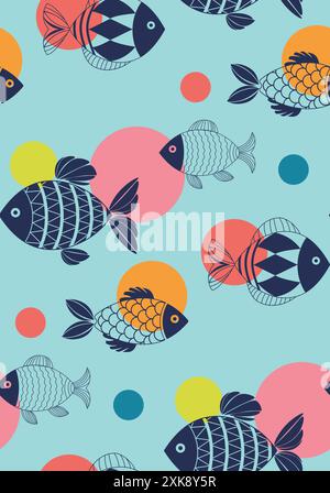Illustrazione decorativa dei pesci con motivi semplici. Motivo senza cuciture con pesci blu astratti. Design di creature sottomarine decorativi e stilizzati. Da Illustrazione Vettoriale