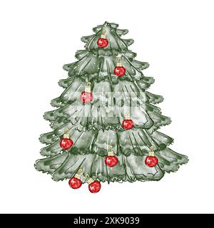 Acquerello albero di Natale con palle rosse. Illustrazione disegnata a mano nello stile dello schizzo. Isolato su sfondo bianco. Foto Stock