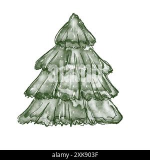 Albero di Natale acquerello. Illustrazione disegnata a mano nello stile dello schizzo. Isolato su sfondo bianco. Foto Stock