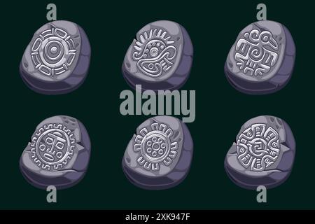 Pietra vettoriale con simboli aztechi, geroglifici del calendario Maya. Simboli per i tuoi giochi o slot 2D. Illustrazione Vettoriale