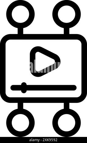Icona con contorno nero di un lettore video che si connette con quattro cerchi, simboleggiando la condivisione di rete e la distribuzione di contenuti digitali Illustrazione Vettoriale