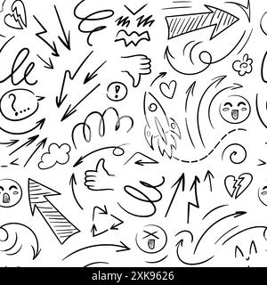 Linee di doodle, frecce, cerchi e curve senza cuciture, kawaii emoji. palloncino di discorso, bolla di discorso. Illustrazione disegnata a mano per la carta da parati, Illustrazione Vettoriale