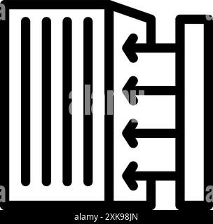 Icona a linea di uno scambiatore di calore con frecce che indicano il flusso d'aria per il raffreddamento Illustrazione Vettoriale