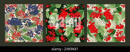 Set di dettagliate fantasie vettoriali senza cuciture di fiori di bacche di bosco da giardino bacche rosse di Viburnum rowan e composizioni di fiori Illustrazione Vettoriale
