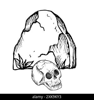 Lapide vettoriale in un cimitero con cranio umano con occhi neri. Illustrazione lineare dipinta a mano. Grafica in pietra tombale monocromatica per tatuaggi Illustrazione Vettoriale