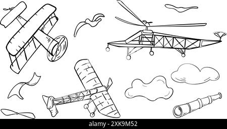 Illustrazione vettoriale in bianco e nero degli aeroplani monocromatici isolati. Silhouette di aerei ed elicotteri disegnata a mano con inchiostro. Colorare gli aeroplani per bambini Illustrazione Vettoriale