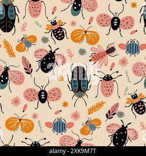 Cartoni animati con motivo vettoriale senza cuciture immagine carina di insetti farfalla, coleottero, falena, fiori da giardino, foglie Illustrazione Vettoriale