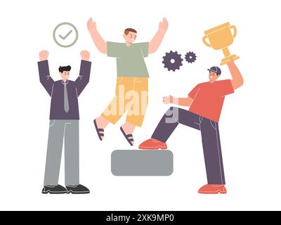 Gruppo di amici obiettivo trofeo vincente successo insieme vestiti colorati casual e formali Illustrazione Vettoriale