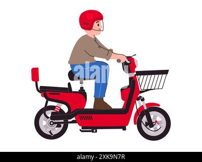 Uomo che guida bici elettrica moto elettrica e-vehicle rosso che indossa il casco sfondo bianco ciclomotore urbano Illustrazione Vettoriale