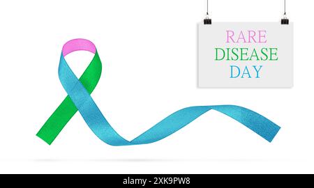 Rare Disease Day, rare Disease Day Banner background. Nastro a tre colori per la giornata mondiale delle malattie rare il 28 febbraio. Sullo sfondo di una mappa del mondo. Foto Stock