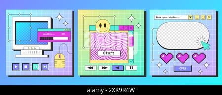Modello di poster quadrato per social media con interfaccia computer desktop retrò con pulsanti, caselle messaggi, cuori di pixel e divertente icona sorriso. Vecchio schermo del pc con finestre del browser, adesivi geek in stile y2k. Illustrazione Vettoriale