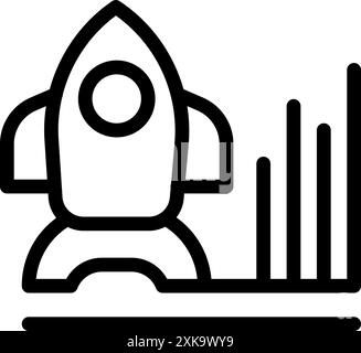 Icona line art di un'astronave che decolla con barre cartografiche in crescita, che rappresenta un avvio riuscito Illustrazione Vettoriale