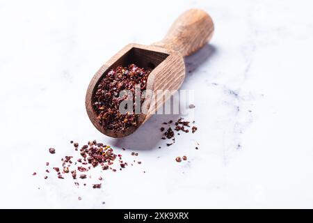 Condimento di spezie rosse essiccate in cucchiaio di legno. Foto Stock