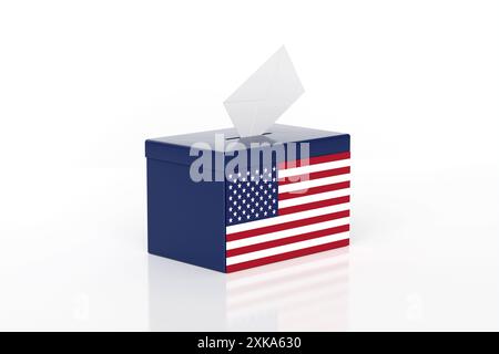 I cittadini americani votano in una urna con la bandiera US, simboleggiando la democrazia e la partecipazione politica. Lo sfondo bianco migliora la simbo patriottica Foto Stock