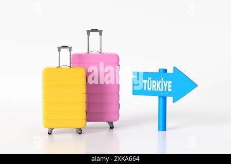 Rendering in 3d di un concetto di viaggio che mostra due valigie e un cartello con la direzione di Turkiye o Turchia. Foto Stock