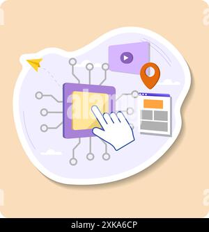 Puntare la mano verso il sito Web del lettore video di gestione microchip e il pin di posizione Illustrazione Vettoriale