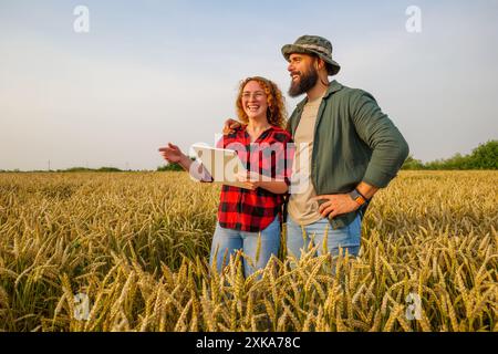 Occupazione agricola familiare. L'uomo e la donna coltivano il grano. Stanno esaminando i progressi delle piante. Foto Stock