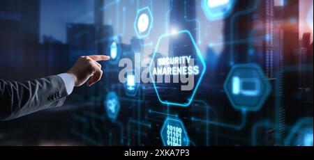 Pulsante di visualizzazione virtuale: Consapevolezza della sicurezza concetto di business, tecnologia, Internet e rete Foto Stock