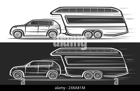 Logo vettoriale per Tourist Caravan, banner automobilistici con illustrazione di un lussuoso camper monocromatico in movimento, grafica decorativa di una jeep elettrica Illustrazione Vettoriale