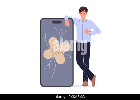 Riparazione dello schermo del telefono da uomo che copre l'esposizione incrinata con intonaco medico e mostrando i pollici su Illustrazione Vettoriale