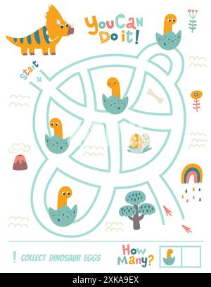 Aiuta il dinosauro a raccogliere il dinosauro del bambino. Labirinto. Gioco labirinto per bambini Illustrazione Vettoriale
