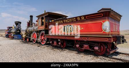 Motore a vapore Union Pacific 119 funzionante presso il Golden Spike National Historical Park nello Utah. Foto Stock