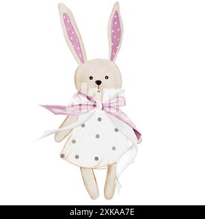 Acquerello coniglietto. Disegno a mano di un simpatico coniglio giocattolo retrò in un abito con fiocco rosa. Clip art isolata su sfondo bianco simpatico lepre. Ideale per Foto Stock