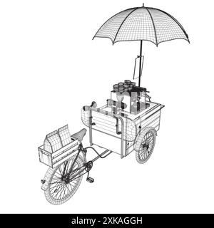 Illustrazione dettagliata del portabagagli per biciclette all'aperto con tavolo, sedie, display dei menu e attrezzatura per la preparazione del caffè per il concetto di negozio mobile. Illu vettoriale Illustrazione Vettoriale