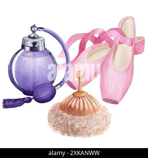 Bottiglia di profumo vintage lilla con spugnetta in polvere beige e scarpe rosa pointe. Illustrazione ad acquerello dipinta a mano isolata su sfondo bianco. Per desi Foto Stock