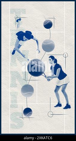 Stile minimalista con tavolozza blu monocromatica. Atleta concentrata e determinata, tennista in movimento con la racchetta. Collage d'arte contemporanea Foto Stock