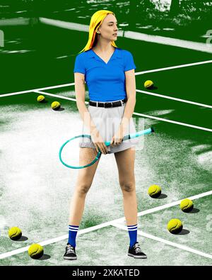 Immagine a figura intera di una giovane donna in piedi sullo stadio con la racchetta. Collage d'arte contemporanea. Stile pop art Foto Stock