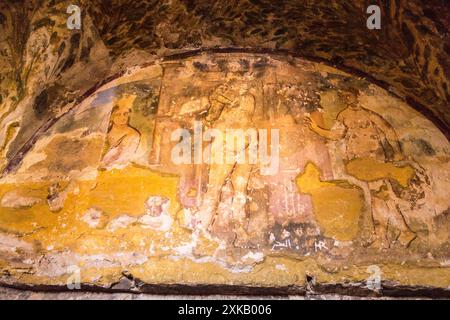 Figure affrescate sulle pareti di Qasr al-Amra, bagno turco del castello del deserto omayyade, 720-740 d.C., Giordania. Foto Stock