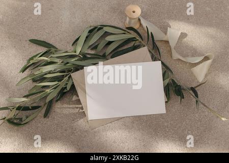Cartoleria estiva italiana per matrimoni alla luce del sole. Scena da mock-up con biglietto d'auguri in carta bianca su sfondo calcareo beige. Ulivo verde Foto Stock