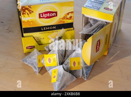 STILL Life of Lipton Black Tea con bucce di limone in bustine di tè a forma di piramide, 2024, USA Foto Stock